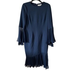 Teri‎ Jon Rickie Freeman Sheath Midi Dress Size 8 Blue Ruffle Bell Sleeve